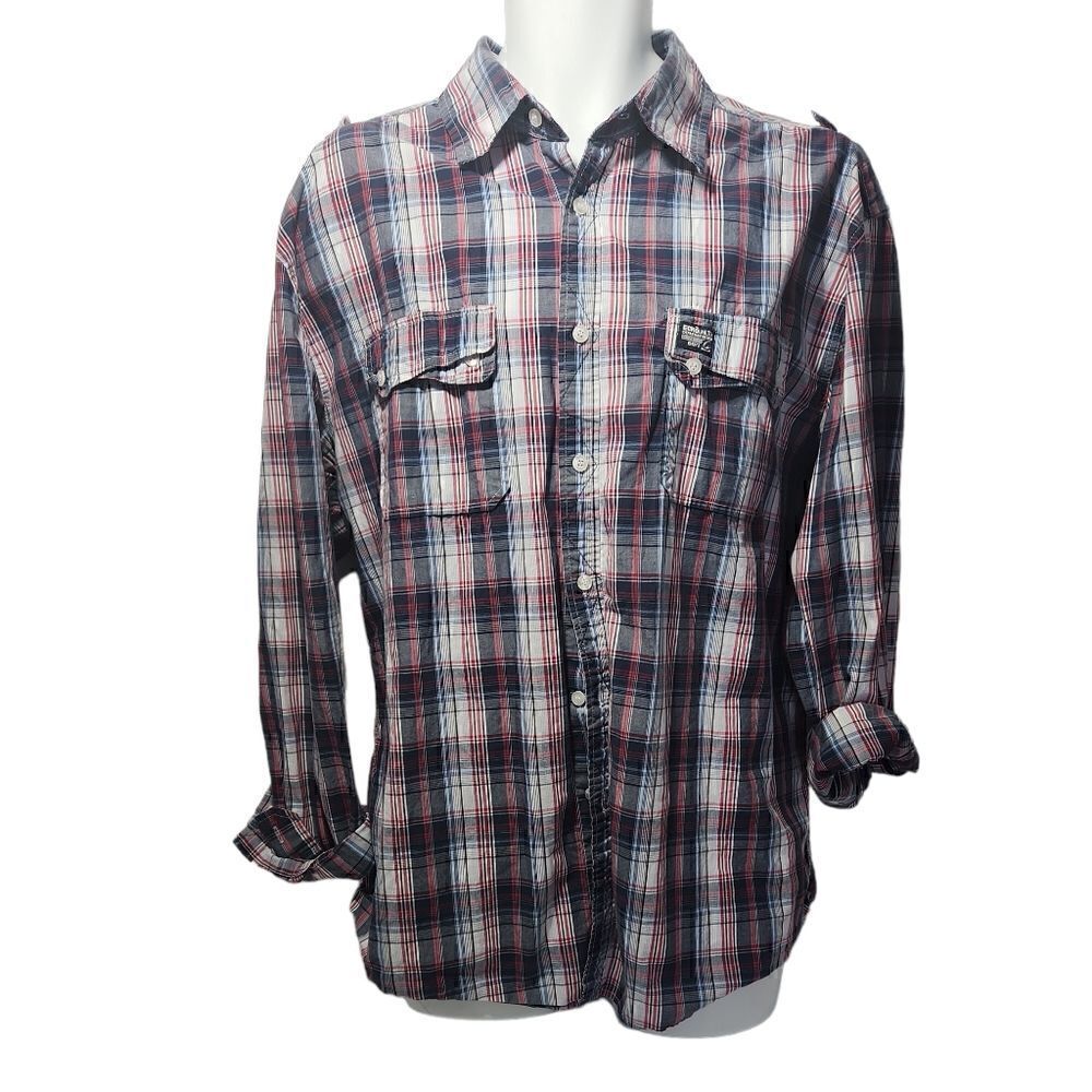 Ecko Unltd Button Front Shirt Blue Red Plaid Mens Size XXL